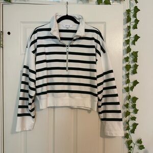 Frame Half Zip Cropped Green Stripped Sweatshirt Size Large